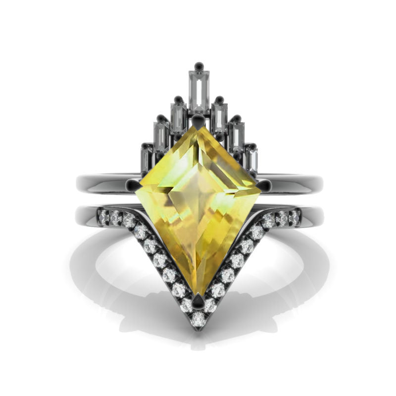 14K Black Gold 4 Carat Kite Genuine Yellow Citrine Halo Engagement Ring, Eternity Ring Set Model 416-14x10