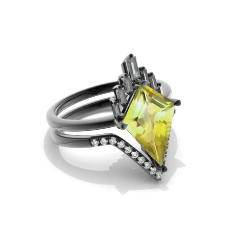 14K Black Gold 4 Carat Kite Yellow Sapphire Halo Engagement Ring, Eternity Ring Set Model 416-14x10