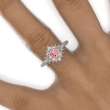 14K White Gold 1 Carat Peach Sapphire Halo Engagement Ring Model 491