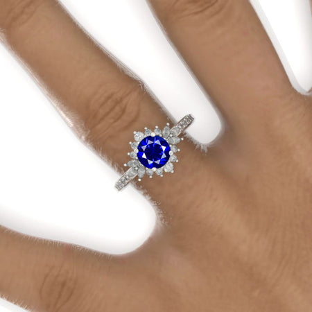 14K White Gold 1 Carat Royal Blue Sapphire Halo Engagement Ring Model 491