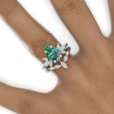 2.5 Carat Kite Green Moissanite Engagement Ring. 2.5CT Fancy Shield Shape Green Moissanite Ring Set Model 735-12x8