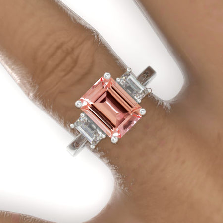 3 Carat Emerald Cut Peach Sapphire Three-Stone  Engagement Ring Model 702-9x7mm