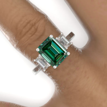 3 Carat Giliarto Emerald Cut Green Moissanite Three-Stone  Engagement Ring Model 702-9x7mm