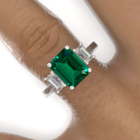 3 Carat Emerald Cut Emerald Three-Stone  Engagement Ring Model 702-9x7mm