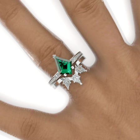 3 Carat Kite Emerald Engagement Ring. 3CT Fancy Shape Moissanite Ring Set Model 736-12x8
