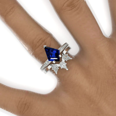 3 Carat Kite Royal Blue Sapphire Engagement Ring. 3CT Fancy Shape Royal Blue Sapphire Ring Set