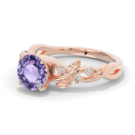 2 Carat Round Brilliant Cut Purple Sapphire Floral Rose Gold Engagement Ring
