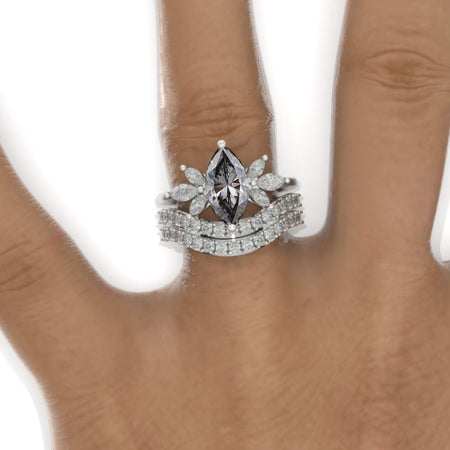 2Ct Marquise Cut Gray Moissanite Vintage Engagement Ring, Marquise  Engagement Ring, Marquise Side Accents Stones 14K White Gold Ring Set