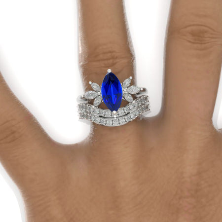 2Ct Marquise Cut Royal Blue Sapphire Vintage Engagement Ring, Marquise  Engagement Ring, Marquise Side Accents Stones 14K White Gold Ring Set