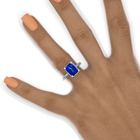4 Carat Emerald Cut Royal Blue Sapphire Double Hidden Halo Engagement Ring