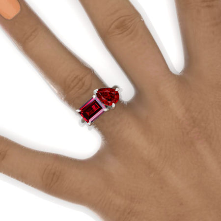 3 Carat Giliarto Emerald Cut with Pear Cut Paired  Ruby Two-Stone East-West Engagement Ring
