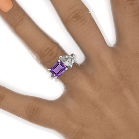 3 Carat Emerald Cut with Pear Cut Paired Natural Amethyst Two-Stone East-West Engagement Ring
