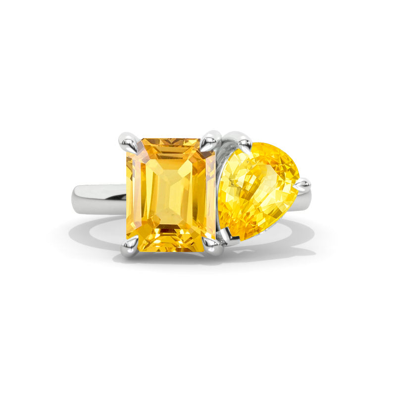 3 Carat Emerald Cut with Pear Cut Paired Yellow Sapphire Two-Stone North-South Engagement Ring Model 761-9x7mm