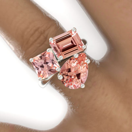 3 Carat Emerald Cut with Pear Cut Paired with 2 Carat Asscher Cut Peach Sapphire Three-Stone North-South Engagement Ring Model 762-9x7mm