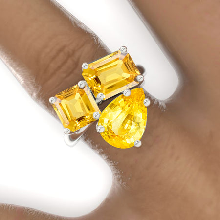 3 Carat Emerald Cut with Pear Cut Paired with 2 Carat Asscher Cut Yellow Sapphire Three-Stone North-South Engagement Ring Model 762-9x7mm