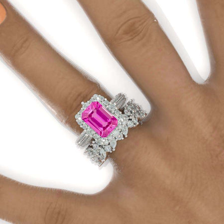 5Ct LAB-Grown Pink Sapphire Engagement Ring Halo Emerald Cut Engagement Ring with Eternity Band Model 572-12x9