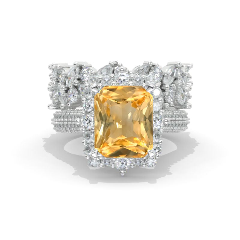 5 Carat Genuine Yellow Citrine Engagement Ring Halo Radiant Cut Genuine Yellow Citrine Engagement Ring, 11x9mm Radiant Cut Genuine Yellow Citrine Engagement Ring with Eternity Band Model 572-11x9