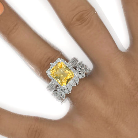 5 Carat Yellow Sapphire Engagement Ring Halo Radiant Cut Yellow Sapphire  Engagement Ring, 11x9mm Radiant Cut Yellow Sapphire Engagement Ring with Eternity Band Model 572-11x9