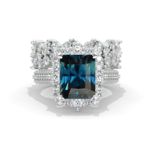 3Ct Teal Sapphire Engagement Ring Halo Radiant Cut Teal Sapphire Engagement Ring, 9x7mm Radiant Cut Teal Sapphire Engagement Ring with Eternity Band