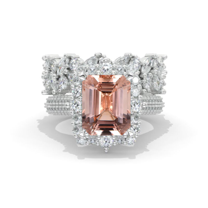 5 Carat Genuine Peach Morganite Engagement Ring Halo Radiant Cut Genuine Peach Morganite Engagement Ring, 11x9mm Radiant Cut Genuine Peach Morganite Engagement Ring with Eternity Band