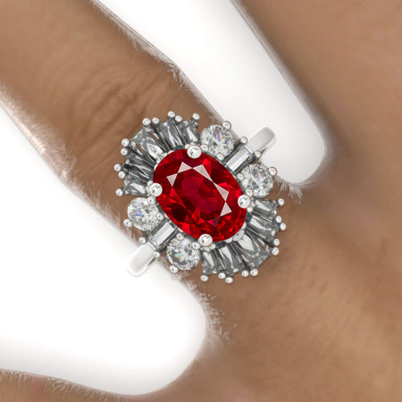 14K White Gold 3 Carat Oval Ruby Halo Engagement Ring