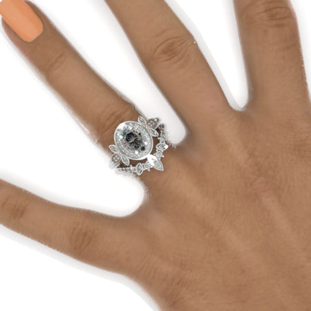 Oval Gray Moissanite Halo 14K White Gold Engagement Ring, Eternity Ring Set