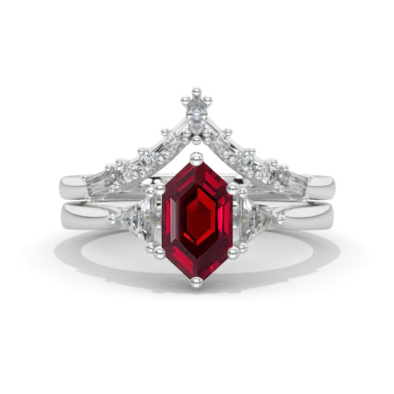 14K White Gold 3 Carat Hexagon Ruby Halo Engagement Ring, Eternity Ring Set