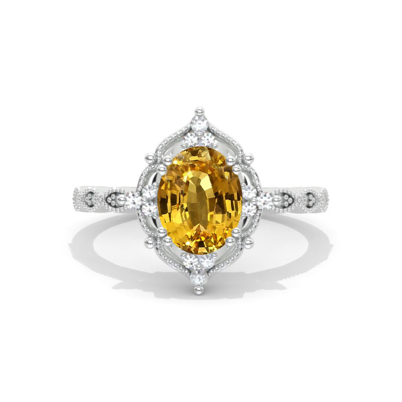 2 Carat Oval Yellow Sapphire Halo Vintage Engagement Ring Model 474-9x7 - Handmade engagement ring