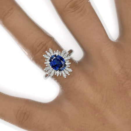 2CT Oval Halo Royal Blue Sapphire Vintage Wedding Ring. 2 Carat Oval Engagement Ring Anniversary Ring, Baguette Double Halo Ring