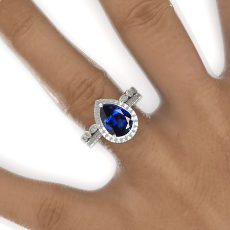 3 Carat Halo Pear Cut Royal Blue Sapphire 14K Solid White Gold Ring Set