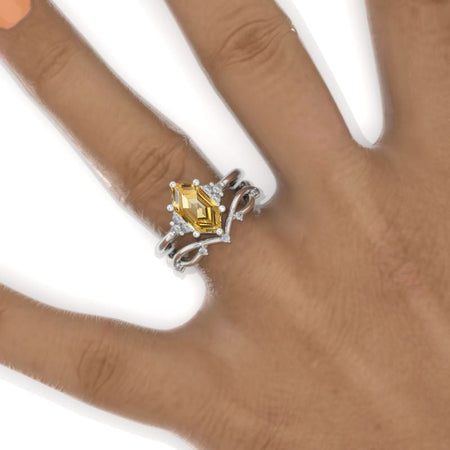 3 Carat Hexagon Genuine Yellow Citrine Halo 14K White Gold  Engagement Ring, Eternity Ring Set Model 793-12x6