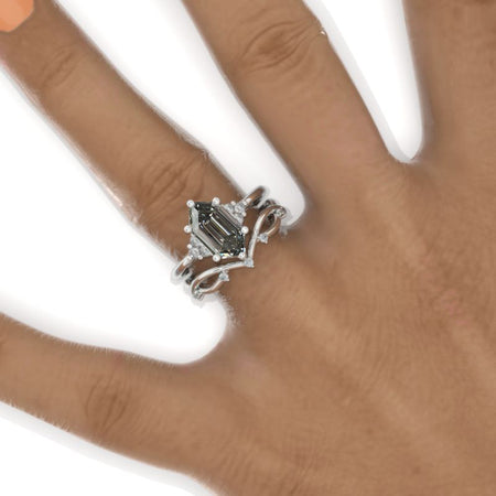 3 Carat Hexagon Gray Moissanite Halo 14K White Gold  Engagement Ring, Eternity Ring Set