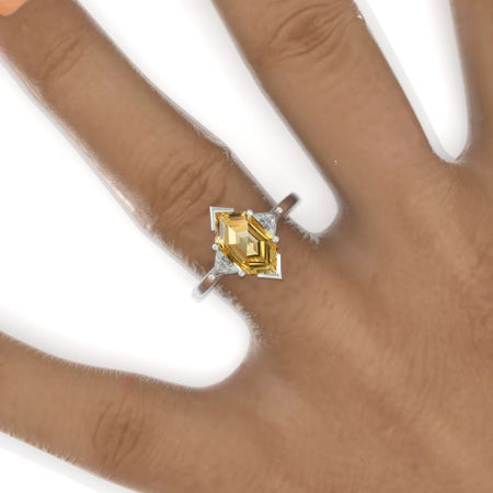 3 Carat Hexagon Genuine Yellow Citrine Halo 14K White Gold Engagement Ring Model 792-12x6