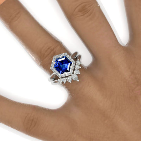 4 Carat Hexagon Royal Blue Sapphire Halo 14K White Gold Engagement Ring, Eternity Ring Set