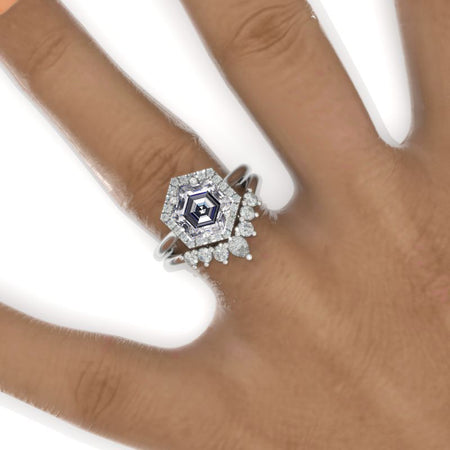 4 Carat Hexagon Gray Moissanite Halo 14K White Gold Engagement Ring, Eternity Ring Set Gray