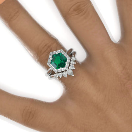 4 Carat Hexagon Emerald Halo 14K White Gold Engagement Ring, Eternity Ring Set