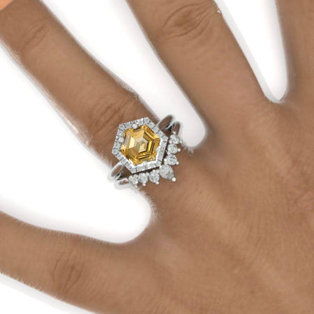 4 Carat Hexagon Genuine Yellow Citrine Halo 14K White Gold Engagement Ring, Eternity Ring Set
