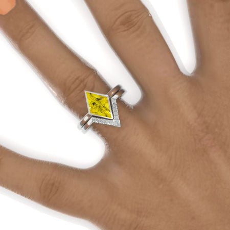 2.5 Carat Lozenge Yellow Sapphire Engagement Ring. 2.5CT Fancy Kite Shape Yellow Sapphire Ring Set Model 795-12x8
