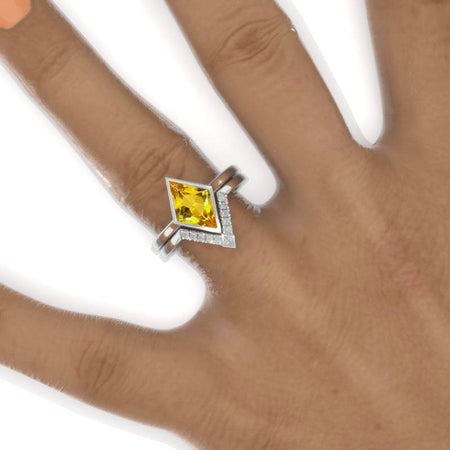 2.5 Carat Lozenge Genuine Yellow Citrine Engagement Ring. 2.5CT Fancy Kite Shape Genuine Yellow Citrine Ring Set Model 795-12x8