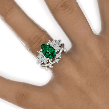3CT Pear Shape Emerald Engagement Ring Set, 3 Carat Pear Floral Twig Design 14K White Gold