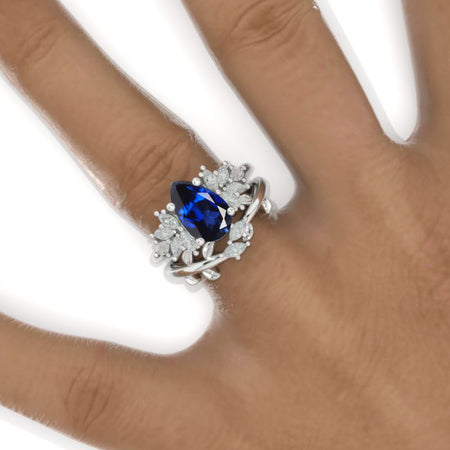 3CT Pear Shape Royal Blue Sapphire Engagement Ring Set, 3 Carat Pear Floral Twig Design 14K White Gold