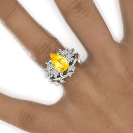 3CT Pear Shape Yellow Sapphire  Engagement Ring Set, 3 Carat Pear Floral Twig Design 14K White Gold Model 796-11x7
