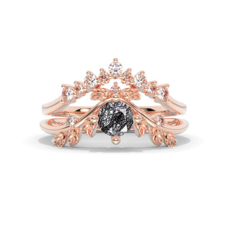 Rutilated Quartz Floral Halo 14K White Gold Engagement Ring Set