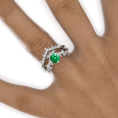 Emerald Floral Halo 14K White Gold Engagement Ring Set Model 802-5