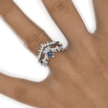 Gray Moissanite Floral Halo 14K White Gold Engagement Ring Set