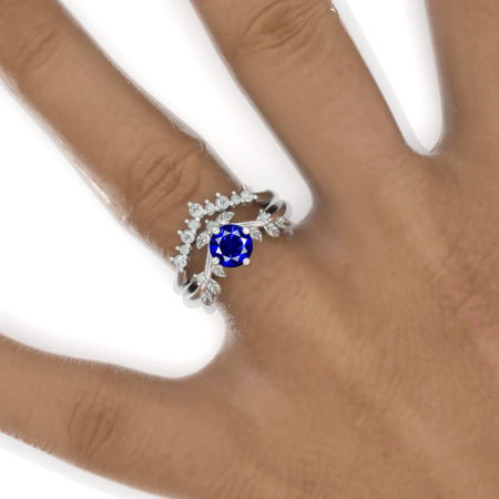 Royal Blue Sapphire Floral Halo 14K White Gold Engagement Ring Set
