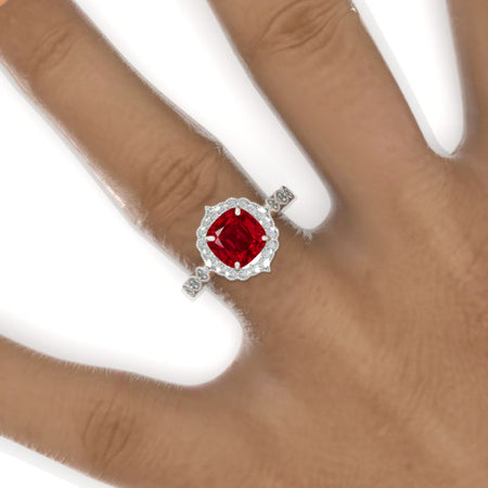 2.5 Carat Cushion Ruby Halo Engagement Ring. Victorian 14K White Gold Ring