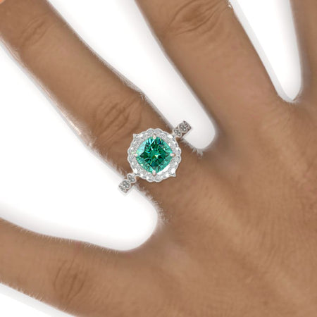 2.5 Carat Cushion Green Moissanite Halo Engagement Ring. Victorian 14K White Gold Ring Model 803-8x8 Cushion