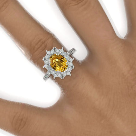 2 Carat Oval Yellow Sapphire Halo Vintage 14K White Gold Engagement Ring Model 804-9x7