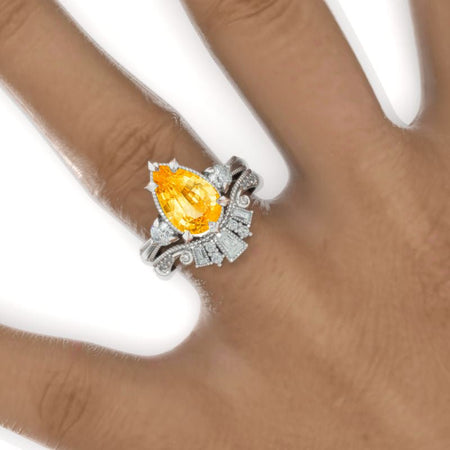3CT Pear Shape Genuine Yellow Citrine Engagement Ring Set, White Gold, Halo Vintage Genuine Yellow Citrine Band, V Band Vintage Anniversary Ring Set Model 806-1x7